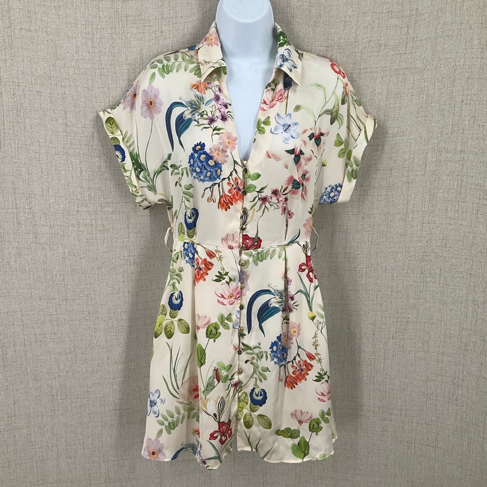 Zara Shirt Dress Women S Cream Floral Buttonโ Front Short Sleeve Mini Botanical